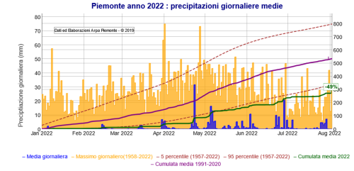 Precipitazioni giornaliere in Piemonte da inizio anno 2022
