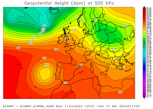 Mappa della pressione in quota di lunedì 11 luglio