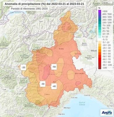 Anomalia di precipitazione al 21/3/2023 nell'ultimo anno