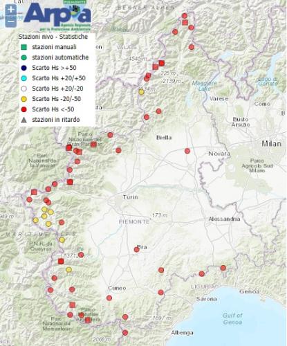 Deficit relativo agli spessori di neve al suolo (Hs) su alcune delle stazioni automatiche e manuali di Arpa Piemonte
