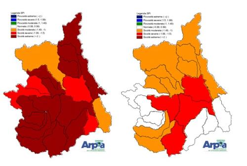 Indice di anomalia delle precipitazioni SPI a 3 mesi (a sinistra) e a 6 mesi (a destra) sui bacini piemontesi