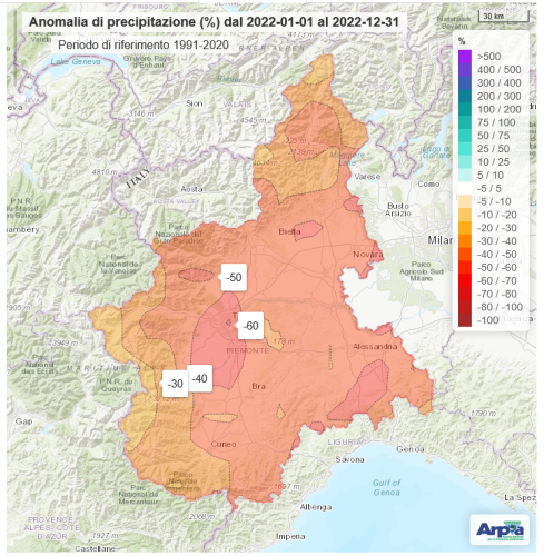 Distribuzione dell’anomalia di precipitazione in Piemonte nell’anno 2022 rispetto alla climatologia del periodo 1991-2020