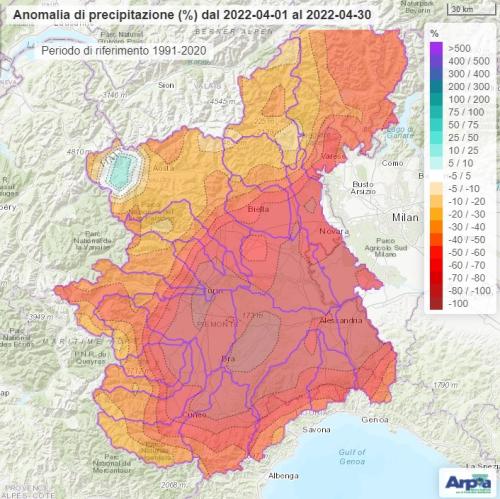 Anomalia di precipitazione cumulata tra nel mese di aprile rispetto alla norma del medesimo periodo nel trentennio 1991-2020