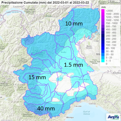Precipitazione registrata da inizio primavera sul bacino del Po chiuso alla confluenza col Ticino