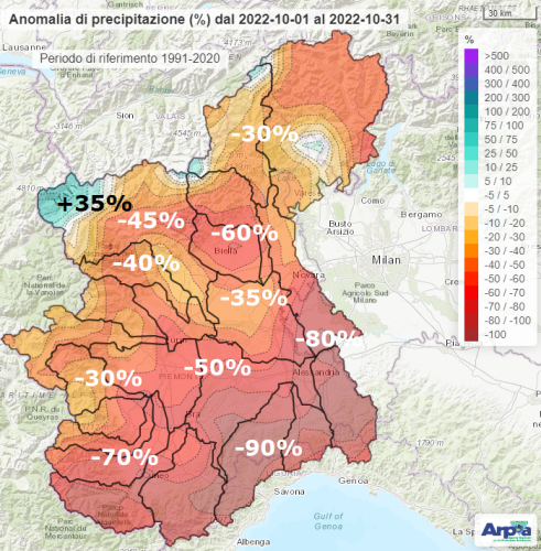 Anomalie di precipitazione in Piemonte a ottobre 2022 rispetto alla norma 1991-2020