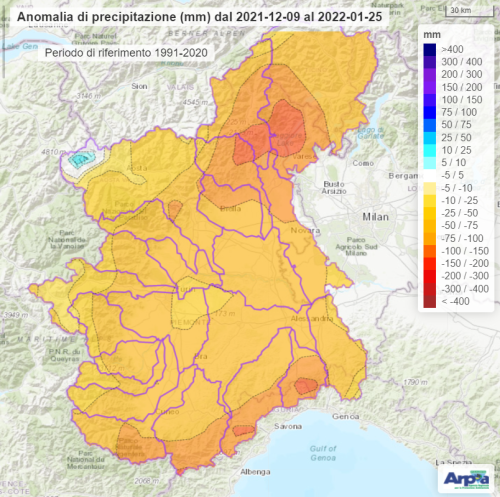 Anomalia di precipitazione cumulata tra il 9 dicembre 2021 e il 26 gennaio 2022 rispetto alla norma del medesimo periodo nel trentennio 1991-2020