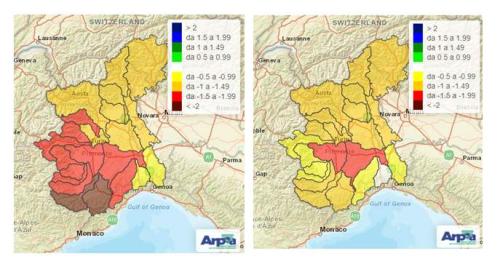 Indice di anomalia delle precipitazioni SPI a 1 mese (a sinistra) e a 6 mesi (a destra) sui bacini piemontesi