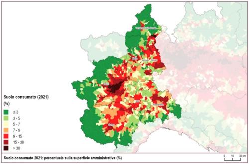 Percentuale di suolo consumato a livello comunale aggiornato al 2021 (Fonte ISPRA/SNPA)
