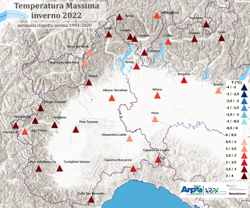 Anomalie di temperatura massima (sinistra)  per l’inverno 2021/22calcolata su 31 stazioni delle reti di monitoraggio di Arpa Piemonte, Arpa Lombardia e MeteoSvizzera