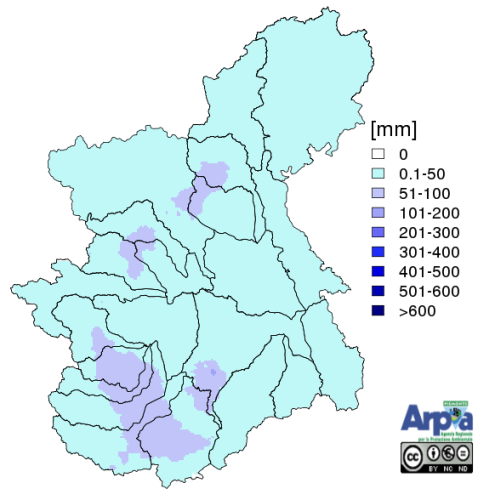 Precipitazione registrata nel mese di aprile 2023 sul bacino del Po chiuso alla confluenza col Ticino
