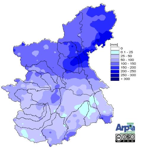 Precipitazione registrata nel mese di luglio 2023 sul bacino del Po chiuso alla confluenza col Ticino