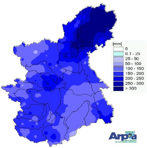 Precipitazione registrata nel mese di agosto 2023 sul bacino del Po chiuso alla confluenza col Ticino