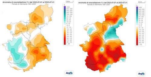 Anomalia percentuale di precipitazione cumulata dall’inizio dell’anno solare (sinistra) e nel mese di luglio 2023 (a destra) rispetto alla norma del medesimo periodo nel trentennio 1991-2020