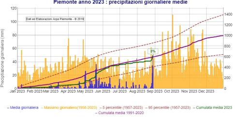  Precipitazione media giornaliera da inizio 2023 sul bacino del Po chiuso alla confluenza col Ticino