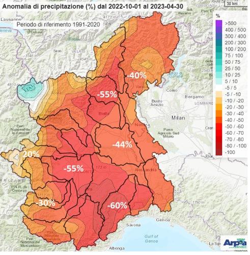 Anomalia percentuale di precipitazione cumulata tra il 1° ottobre 2022 e il 30 aprile 2023 rispetto alla norma del medesimo periodo nel trentennio 1991-2020