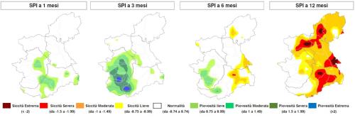 Indice di anomalia delle precipitazioni SPI a 1 mese, 3, 6 e 12 mesi sulla regione Piemonte giugno 2023