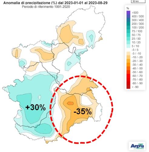 Anomalia percentuale di precipitazione cumulata dall’inizio dell’anno solare rispetto alla norma del medesimo periodo nel trentennio 1991-2020