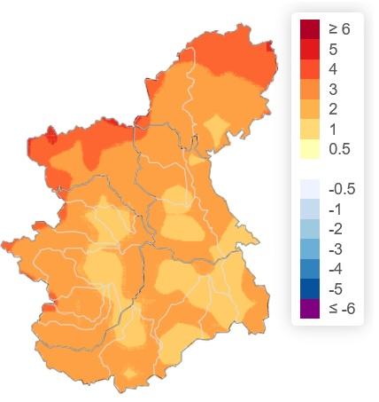 Anomali (°C) della temperatura media per il mese di settembre 2023 rispetto alla norma climatica 1991-2020