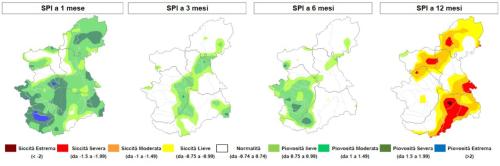 Indice di anomalia delle precipitazioni SPI a 1 mese, 3, 6 e 12 mesi sulla regione Piemonte
