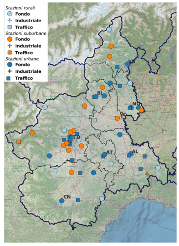 Figura 2 - Localizzazione delle stazioni del SRRQA, differenziate per tipologia di stazione (fondo/traffico/industriali) e per tipologia di zona (urbana/suburbana/rurale).