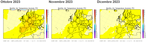 Anomalia di temperatura media a 2 metri prevista (mappe medie mensili del ECMWF)