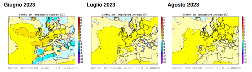 Anomalia di temperatura media a 2 metri prevista (mappe medie mensili del ECMWF)