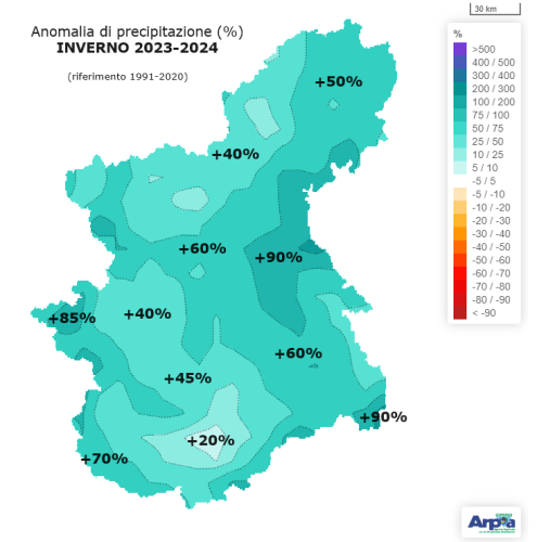 Anomalia % di precipitazione sul Piemonte per l’inverno 2023-2024, rispetto alla norma climatica del trentennio 1991-202