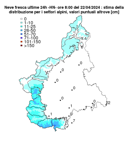 Neve fresca ultime 24 ore delle ore 8 del 22 aprile 2024