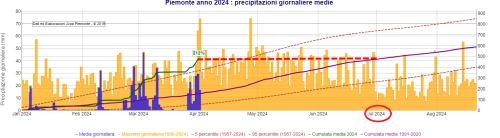 Precipitazioni medie giornaliere (in blu) e cumulate dall’inizio dell’anno (in verde) sul Piemonte nel 2024