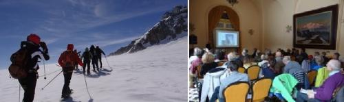 Due momenti del seminario svolto sul Monte Bianco: a sinistra l'escursione su ghiacciaio, a sinistra un momento di confronto a indooro 