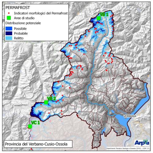 Carta di distribuzione potenziale del permafrost delle Alpi piemontesi, stralcio della provincia del Verbano-Cusio-Ossola (fonte: Arpa Piemonte). In carta sono riportati i rock glacier (puntini rossi) e le principali aree di studio e monitoraggio (VB1: Lago del Sabbione, Formazza; VB2: Passo del Monte Moro, Macugnaga; VC1: Passo dei Salati, Alagna Valsesia). Nei siti VB2 e VC1 sono ubicate anche le stazioni di monitoraggio del permafrost costituite da pozzi profondi 30 m in cui sono inserite le catene termo