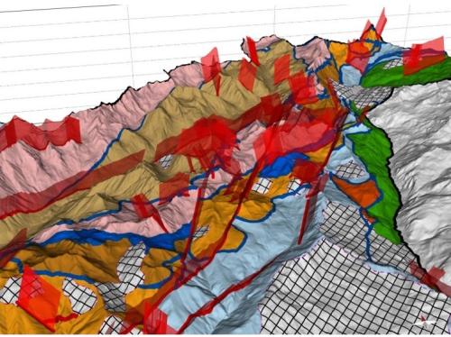 Elaborazione del modello 3D geologico (fonte: Università Milano Bicocca). Carta geologica 2D posizionata su DTM nel settore tra Valpelline e St. Barthélémy (Valle d’Aosta). Sono evidenziate le principali strutture fragili (aree in rosso) rappresentate come piani emergenti dal rilievo.