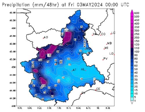 Precipitazioni cumulate in Piemonte nelle 48 ore comprese tra il primo maggio e il 2 maggio