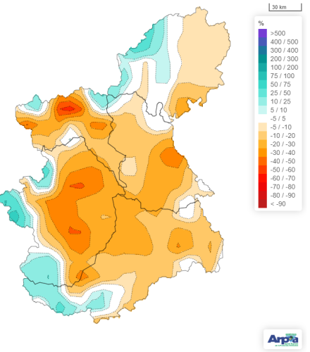 Anomalia percentuali delle piogge cumulate in Piemonte ad aprile 2024 rispetto alla norma climatica 1991-2020