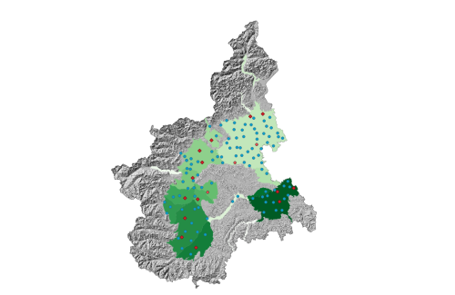 Ubicazione dei piezometri in falda superficiale: in rosso gli strumenti automatizzati in teletrasmissione
