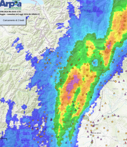 Dettaglio su valle Orco e Soana delle precipitazioni cumulate su 30 ore e stimate da radar meteorologico 