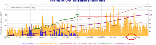 Precipitazione media giornaliera da inizio 2024 sul bacino del Po chiuso alla confluenza col Ticino