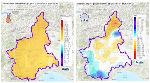 Anomalie di temperatura (a sinistra) e precipitazione (a destra) nei mesi estivi 2024,  calcolate rispetto alla media climatologica 1991-2020