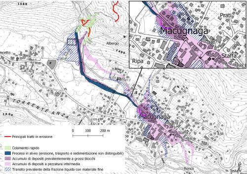 Cartografia degli effetti principali rilevati nella zona del concentrico di Macugnaga, generati dall’ostruzione dei rii Tambach (a snistra) e Horlovono (in centro)