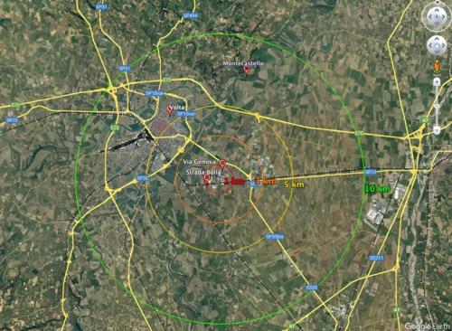 Localizzazione geografica delle postazioni site in via Genova, in Strada Bolla, fraz. San Zeno-Montecastello e Alessandria Volta con indicazione buffer 1-3-5-10 km 