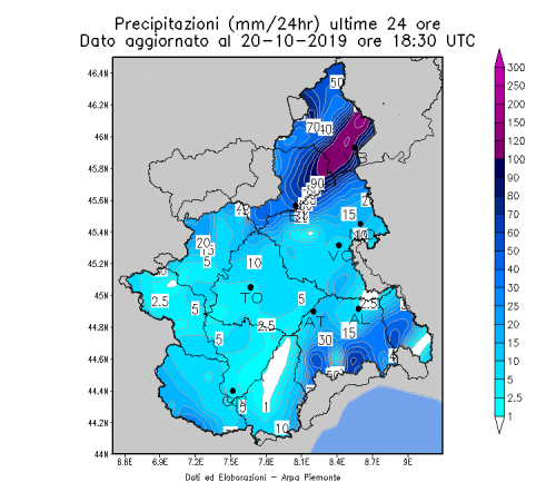 Precipitazioni ultime 24 ore alle ore 20.30 del 20 ottobre 2019