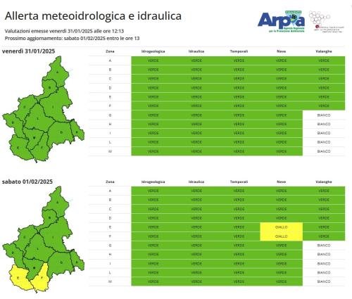 Allerta gialla prevista per sabato 1 febbraio 2025