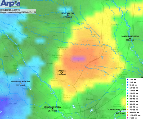 Precipitazione cumulata tra il 16 ed il 17 agosto 2023 da sistemi radarmeteorologici