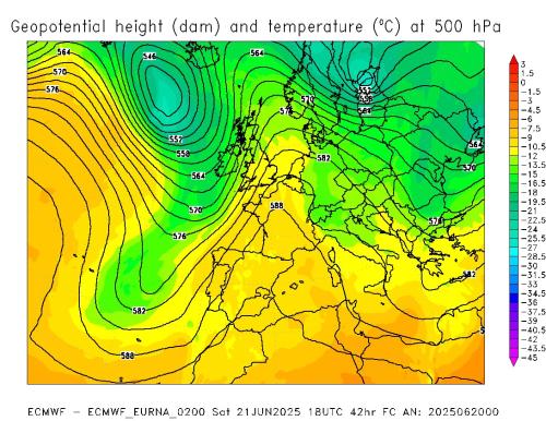 Altezza del geopotenziale a 500 hPa (a 5500 m circa) e temperatura prevista per le ore 18 UTC del 21 giugno 2025. Elaborazione ARPA Piemonte su dati ECMWF.