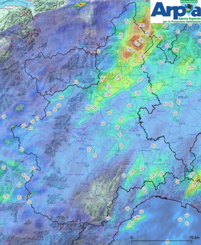 Precipitazioni cumulate dal 27 al 28 agosto 2025 stimate dai sistemi radar meteorologici ed integrate con la rete meteoidrografica
