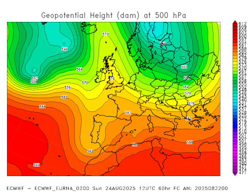 Altezza del geopotenziale a 500 hPa (a 5500 m circa)  prevista per le ore 12 UTC del 23 agosto 2025. Elaborazione Arpa Piemonte su dati ECMWF
