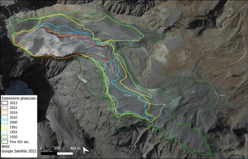 La riduzione areale del ghiacciaio della Bessanese