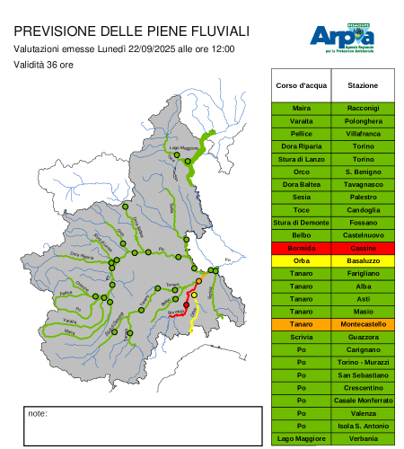 Previsione piene fluviali del 22 settembre 2025