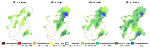 Indice di anomalia delle precipitazioni SPI a 1 mese, 3, 6 e 12 mesi sulla regione Piemonte