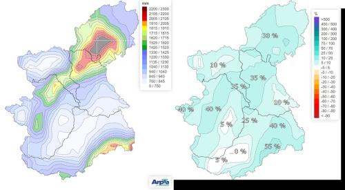 A sinistra precipitazione cumulata durante l’anno idrologico 2025 e a destra la corrispondente anomalia di precipitazione rispetto al periodo di riferimento 1991-2020